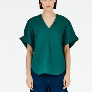 Tibi Cotton Linen Sateen V-Neck Top